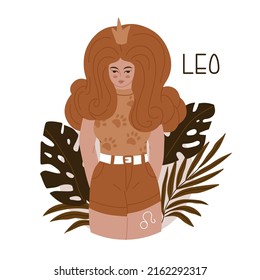 Girl in the image of the zodiac sign Leo. Beauty astrology. Individual horoscope with beautiful women. Analysis of the characteristics of the date of birth. Flat style in vector illustration.