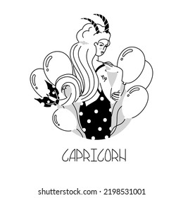 Girl in the image of the zodiac sign Sagittarius. Beauty astrology. Individual horoscope with beautiful women. Analysis of the characteristics of the date of birth. Flat style in vector illustration.