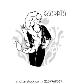 Girl in the image of the zodiac sign Scorpio. Astrology. Сheeky girl with a long plait inflates a gum bubble. Analysis of the characteristics of the date of birth. Flat style in vector illustration.