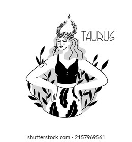 Girl in the image of the zodiac sign Taurus. Beauty astrology. Individual horoscope with beautiful women. Analysis of the characteristics of the date of birth. Flat style in vector illustration.