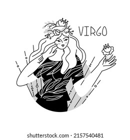 Girl in the image of the zodiac sign Virgo. Beauty astrology. Individual horoscope with beautiful women. Analysis of the characteristics of the date of birth. Flat style in vector illustration.