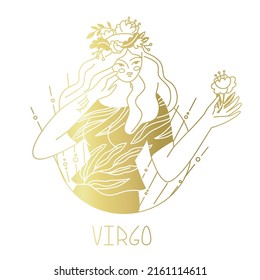 Girl in the image of the zodiac sign Virgo. Beauty astrology. Individual horoscope with beautiful women. Analysis of the characteristics of the date of birth. Flat style in vector illustration.