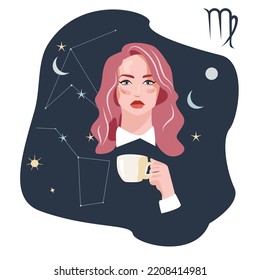 Girl in the image of the zodiac sign Virgo. Beauty astrology. Individual horoscope with beautiful women. A woman against the background of stars and constellations. Illustration  of horoscopes 