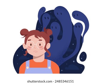 Mädchen mit imaginärem Monster. Kind hat Angst vor Schatten. Negative Gefühle und Emotionen. Psychische Probleme und psychische Störung. Kind mit Angst. Flache Vektorillustration isoliert auf weißem Hintergrund