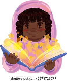 girl with a lot of imagination reads a book