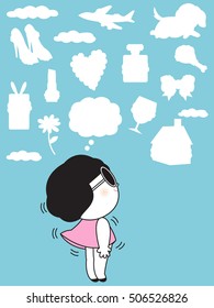 A Girl And Imagine Shape Clouds Character illustration