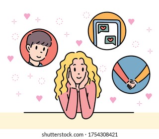 A girl is imagining love. hand drawn style vector design illustrations. 