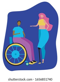 A girl with implant legs and african american in a wheelchair against the background of a puddle. Flat vector stock illustration with young or adult disabled people as a concept of inclusion