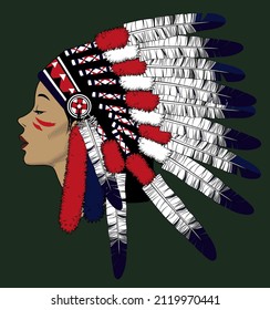 The girl in the Indian traditional headdress. Native american indian with headdress. Vintage engraving stylized drawing of Indian traditional headdress. Vector illustration