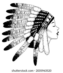 The girl in the Indian traditional headdress. War bonnets. Drawing for tattoo. Vintage engraving stylized drawing of Indian traditional headdress. Vector illustration