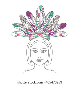 Girl in indian war bonnet illustration. Woman silhouette in lines style. Woman face illustration