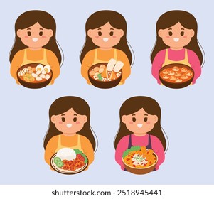 The girl with Indonesian spicy food set collection vector illustration