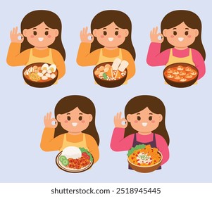 The girl with Indonesian spicy food set collection vector illustration