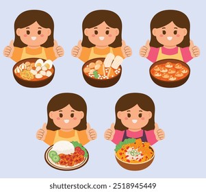 The girl with Indonesian spicy food set collection vector illustration