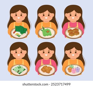 A menina com o lanche tradicional indonésio coleção vetor ilustração