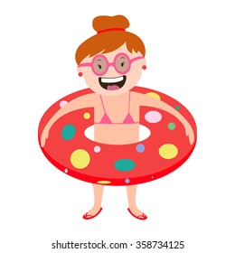 girl with inflatable circle , vector graphics