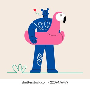 A girl in an inflatable lifebuoy flamingo. Colorful vector illustration
