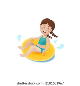 A girl in inflatable ring in 3d style. Kids having fun on water slides. Summer time.
