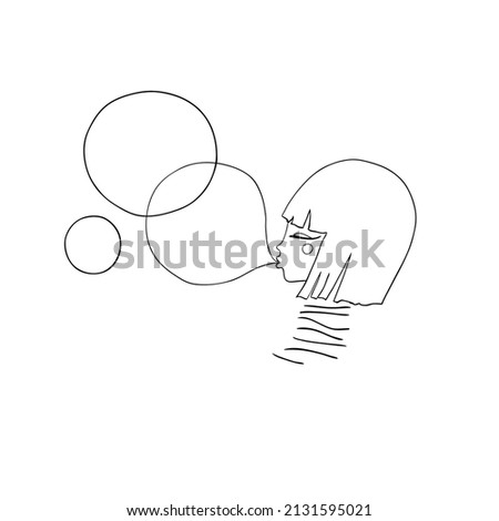 girl inflates bubbles gum. vector contour illustration.