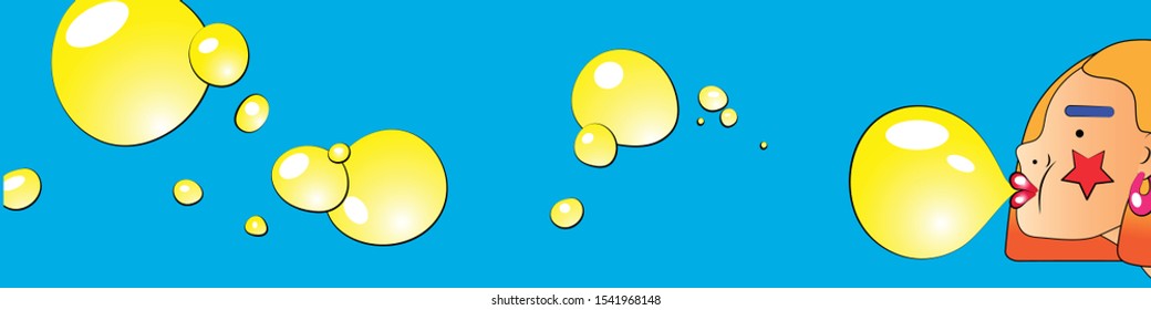 Girl inflates bubbles. Yellow chewing gum. Banner. Design for sites, cards. Decoupage and scrapbooking. Vector.