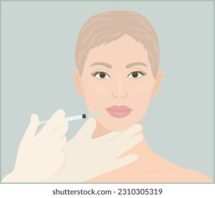 The girl is injected in the lips. Vector illustration of aesthetic medicine, lip augmentation.