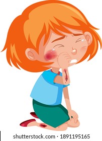 Girl injured at cheek and arm cartoon character isolated on white background illustration