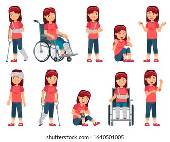 Girl With Injury. Child With Bruised Hand, Nose Blood And Broken Leg Or Hand In Plaster. Children In Wheelchair Vector Cartoon Illustration Set. Kid With Limited Mobility, Physical Impairment, Trauma.