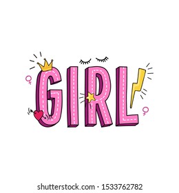 Girl inscription in pink color with doodles vector illustration. Cute inspirational card for woman with colorful symbols heart, star and crown, lashes on white. Poster with colorful lettering