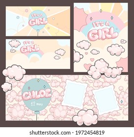 It's a girl inscription and puffy pink clouds cards illustrations. Cartoon baby girl birthday decoration design set 