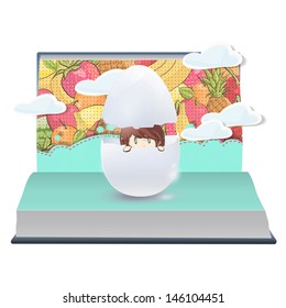 Girl inside a broken egg on book. Vector design.