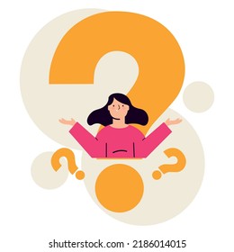 A girl inside a question mark, thinking about a solution.