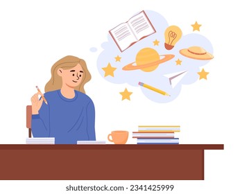 Girl with inspiration concept. Student with pencil and books at table. Distance education, learning and training. Woman preparing for test or examination. Cartoon flat vector illustration