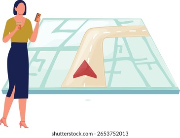 A girl is intently watching an online navigation map, her eyes focused as she tracks the route displayed on her device, reflecting curiosity and concentration
