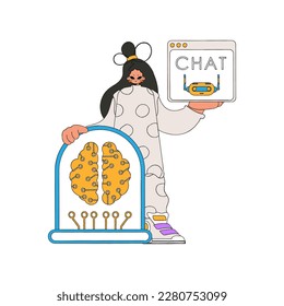 Girl interacting with a device containing AI, vector image.