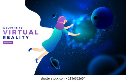 Girl interacting with virtual or imaginary universe through VR glasses. Virtual Reality concept concept based Hero banner design. Girl interacting with virtual or imaginary universe through VR glasses. Virtual Reality concept concept based Hero banner design.
