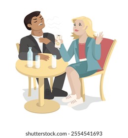 A girl interviews a celebrity. Proud man. A vain man is happy to talk about himself. Two people are sitting in a cafe. Business meeting. Vector illustration.Childish style, Cartoon character.