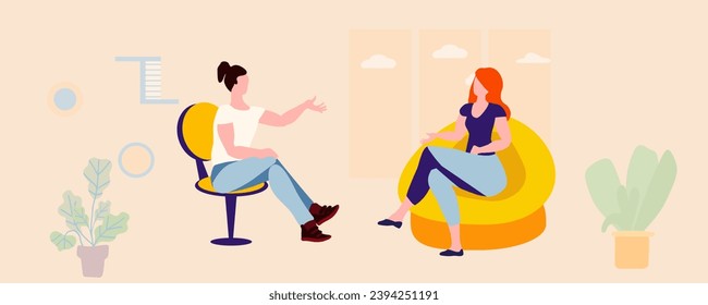 A girl interviews a guy in a room with a window. Friendly conversation. Interior, room, yellow. Vector illustration.