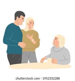 A girl introduces her boyfriend to her mom. Flat vector illustration.