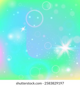 Girl Invitation. Green Unicorn Background. Magic Pattern. Fairytale Pastel Invite. Yellow Magical Gradient. Blue Cosmic Hologram. Kawaii Texture. Cute Girl Invitation.