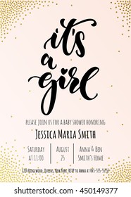 It's a Girl invitation party card template. Baby shower celebration design. Hand drawn calligraphy classic lettering.