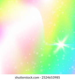 Convite para Meninas. Fundo de Arco-íris roxo. Holograma da Princesa. Convite Colorido Iridescente. Padrão Turvado Rosa. Gradiente Cósmico Azul. Fundo de Unicórnio. Convite para Menina Neon.
