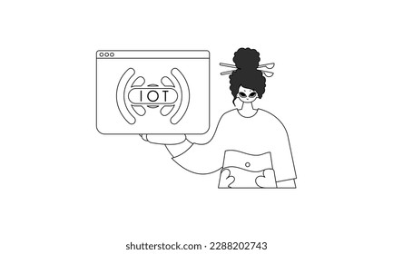 Chica con logotipo IoT en estilo vector lineal