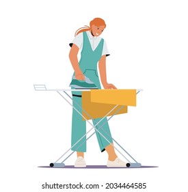 Chica planchando ropa limpia en público o ropa de hotel. Trabajos domésticos o de empleadas domésticas en Launderette. Personaje femenino empleado del proceso de trabajo del Servicio de Limpieza Profesional. Ilustración del vector de dibujos animados