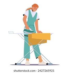 Girl Ironing Clean Clothes in Public or Hotel Laundry. Housewife or Maid Work in Launderette. Female Character Employee of Professional Cleaning Service Working Process. Cartoon Vector Illustration