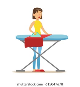 Girl Ironing Laundry After Washing, Part Of People Using Automatic Self-Service Laundromat Washing Machines Of Vector Illustrations