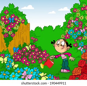 Girl irrigates flowers in the garden watering can. Illustration done in cartoon style, on separate layers.