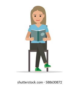 Girl isolated on white sits with crossed legs and reads open book on white. Hobby of knowing and learning new things. Vector illustration in flat style of young woman relaxing with a textbook.