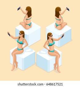 Girl isometry front view rear view, 3d character for beach in swimsuit makes selfie. Create your isometric person for vector illustrations.