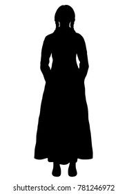 Girl in Italian national costume silhouette, vector outline portrait, black and white contour drawing. Woman full-length with braids, in an ancient traditional long dress, isolated on white background