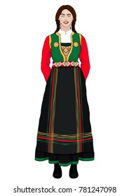 Girl in Italian national costume standing front side, vector drawing cartoon portrait. A brunette woman full-length with long braids, in an ancient traditional dress, isolated on white background